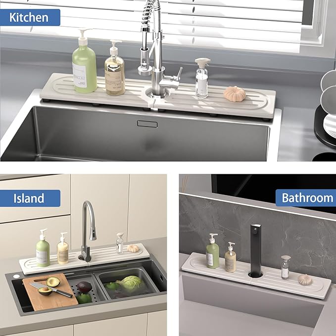 Kitchen Faucet Mat, Quick Drying Diatomite Sink Faucet Mat Splash Guard for Kitchen, Water Absorbing Stone Tray for Sink, Absorbent Stone Drying Tray for Bathroom Counter - Image 6