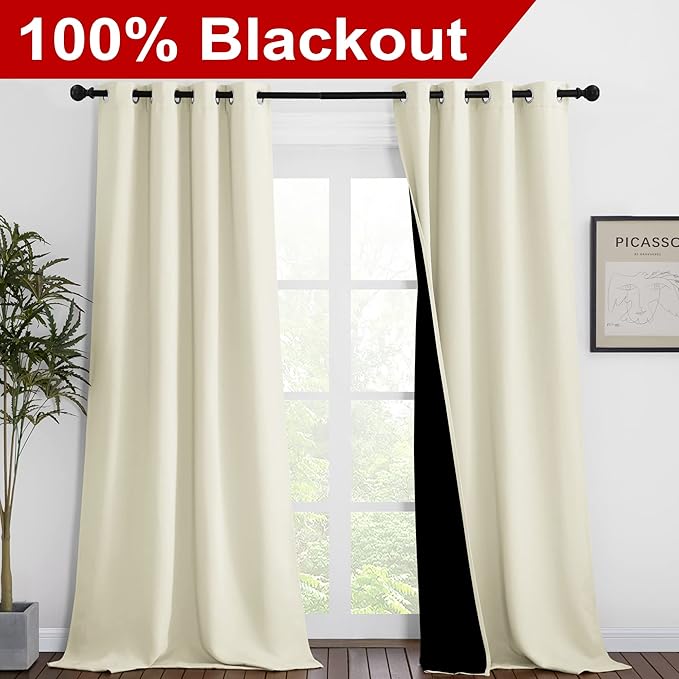 NICETOWN Thermal Insulated 100% Blackout Curtains, Noise Reducing Performance Drapes with Black Lining, Full Light Blocking Drapery Panels for Patio (Beige, 1 Pair, 46 inches x 90 inches) - Image 2