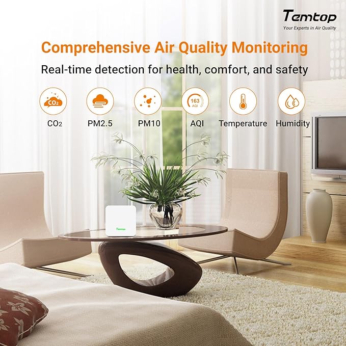 Temtop P2 Air Quality Monitor - CO2, PM2.5, PM10 Detector with Real-Time AQI, Temperature & Humidity Sensor, Bluetooth App for Home, Office, Car & Travel Use - Image 2