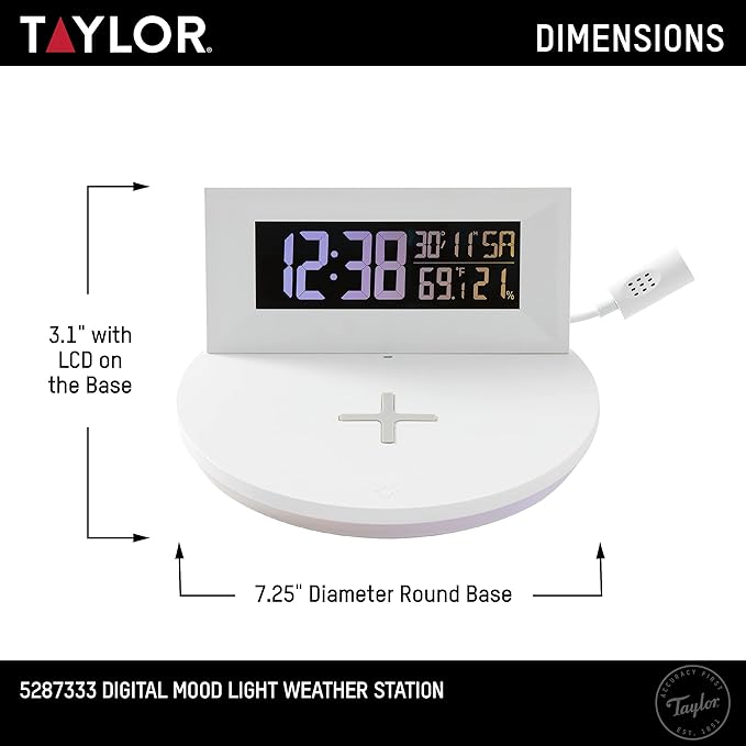 Taylor Digital Weather Station with Wireless Smart Device Charging, Indoor Temperature and Humidity, Clock with Alarm, Calendar, Changeable Glow Light, White - Image 2