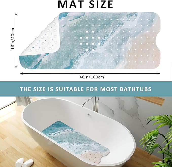 Beach Bathtub Mat Non Slip, Baby Bath Mat for Tub Rubber Tub Mat, Kids Bath Mats for Bathroom Ocean Waves Anti Slip Shower Mat with Suction and Drain Holes Machine Washable, 40″X16″ - Image 3