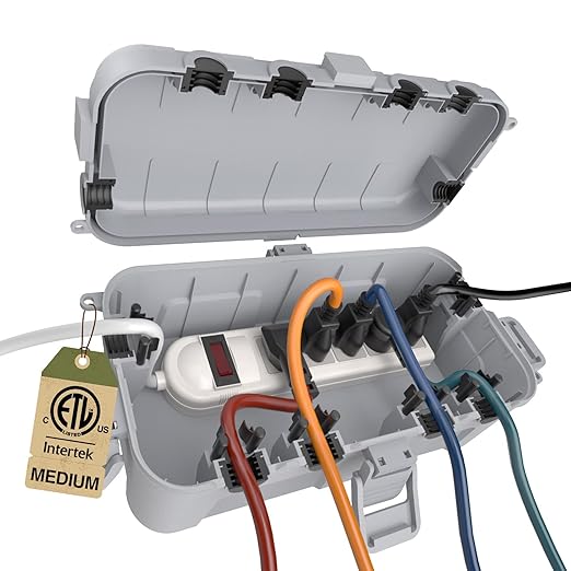 Flemoon Medium Outdoor Electrical Box (11.5x5.2x4 inch), IP54 Waterproof Extension Cord Cover w/6 Cable Entry Ports, Weatherproof Connection Box for Power Strip, Timer, Holiday Lights, Light Grey by FLEMOON