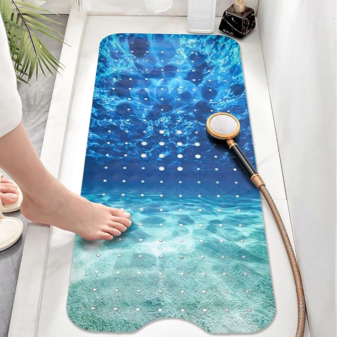 Seawater Bathtub Mat Non Slip, Ocean Waves Bath Tub Mat Baby Bath Mats for Bathroom Anti Slip Shower Mats for Inside Shower, Underwater Bathmat with Suction and Drain Holes Machine Washable, 40″x16″ - Image 2
