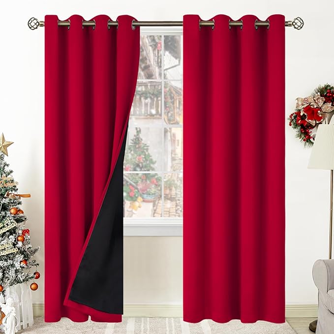 BGment Christmas 100% Blackout Curtains Thermal Insulated with Liner for Living Room Decoration - Grommet Double Layer Energy Saving Bedroom Curtain Drapes (52 x 84 Inches, Red, 2 Panels) by BGment
