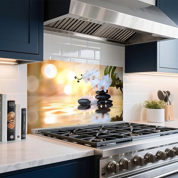 NYZE Kitchen Backsplash Stickers Waterproof Stove Backsplash Protector, 30 X 16 inch Removable Kitchen Wallpaper with Wall Art Decor for Stove Cooking Area(Orchid & Stacked Stones) - Image 3