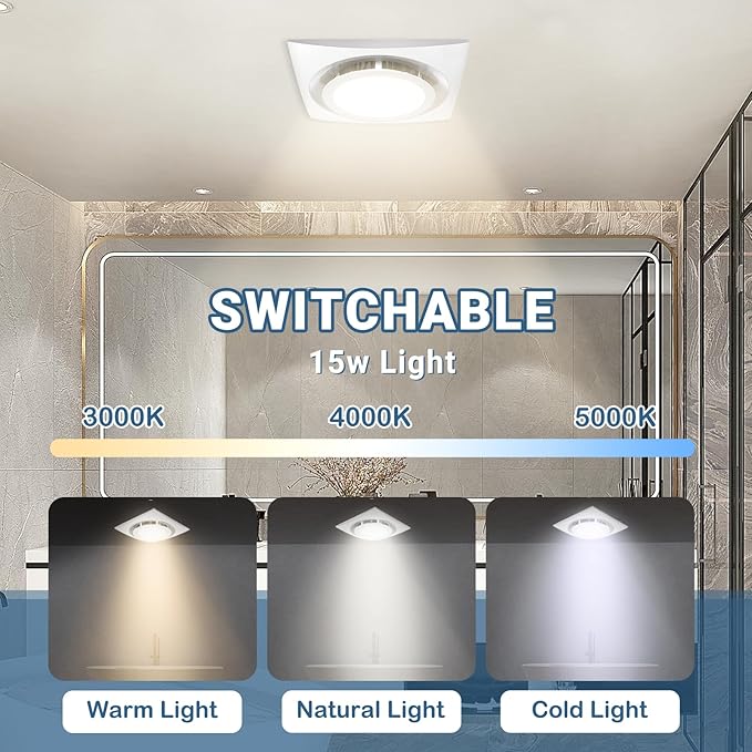 Bathroom Exhaust Fan with LED light 9.6 inch– 110 CFM, Quiet 1.0 Sones Noise Exhaust Fan for Shower, Bathroom, and Restroom, 30W Motor, 15W LED Light, Easy Installation, - Image 6