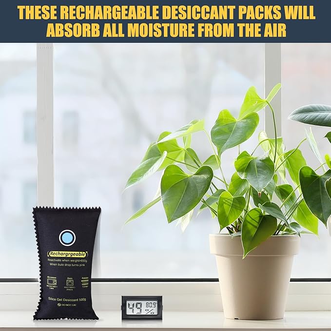 8 Pcs 500 Grams Rechargeable Silica Gel Desiccant Packets with Mini Digital LCD Hygrometer Thermometers Dehumidifier Bag for Gun Safe Closet Basement Car Storage Clothes Moisture Absorber - Image 4