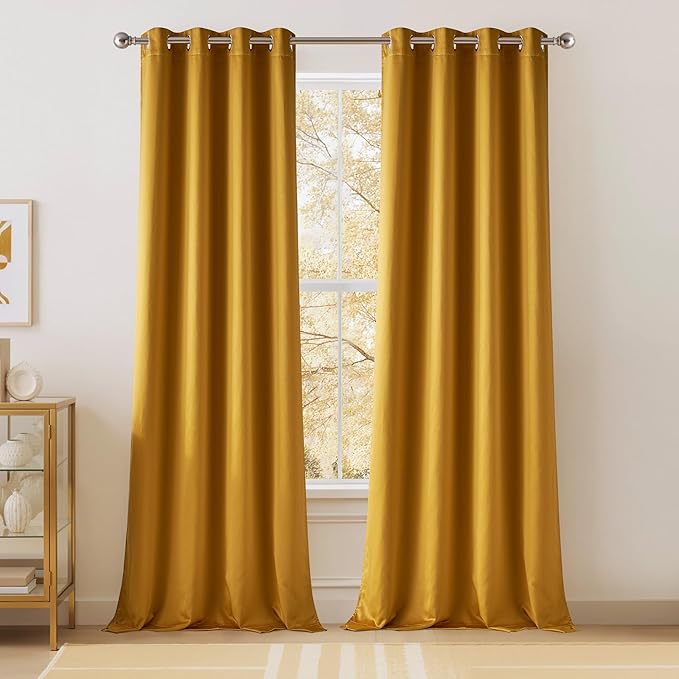 NICETOWN 100% Blackout Window Curtain Panels, Gold, 2 Pieces, 52" Wide Each Faux Silk Panel, Heat and Cold Blocking Drapes with Black Liner for Nursery, 84" Drop Thermal Insulated Draperies by NICETOWN