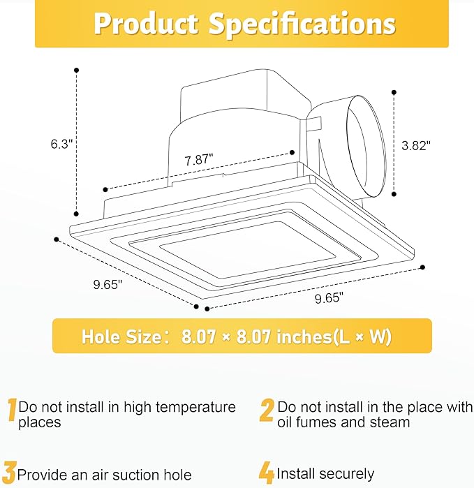 Bathroom Exhaust Fan with Light, 8-Inch Bath Fan with Light For Home, 3000K/4500K/6000K Selectable, 110 CFM Bathroom Ventilation Fan, 1.0 Sones Ultra-Quiet Exhaust Fans for Ceiling Mount - Image 5