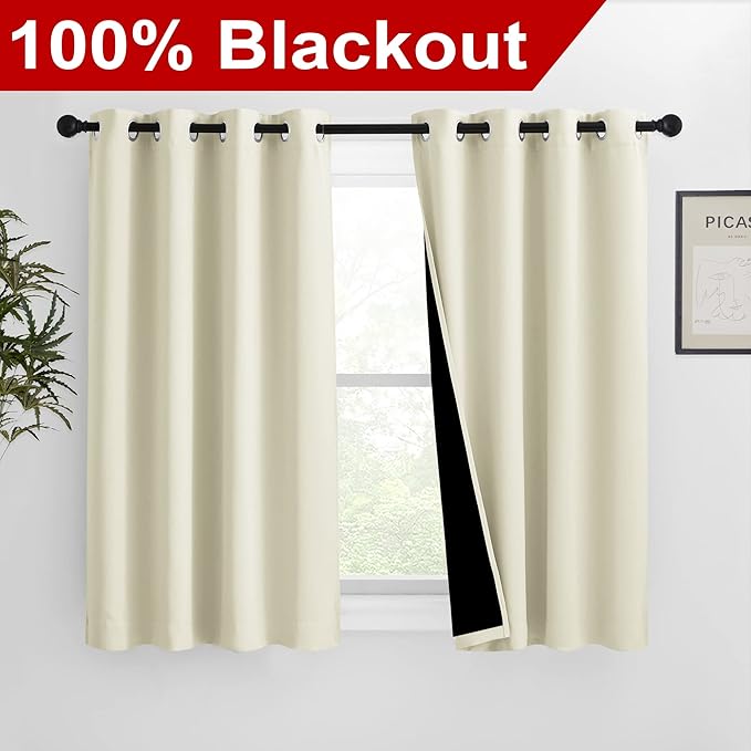 NICETOWN Warm Curtains for Winter, Bedroom Full Blackout Curtain Panels, Great Job for Blocking Light, Complete Blackout Draperies with Black Liner for Night Shift (Beige, Set of 2, 46 by 54-inch) - Image 2