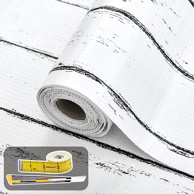 Shelf Liner for Kitchen Cabinets Non Adhesive Drawer Liner 17in x 20FT White Grain Non-Slip Thickened Shelf Liner Paper Strong Easy to Clean for Tool Box Refrigerator with Knife and Tape Measure by Oneoftheworld