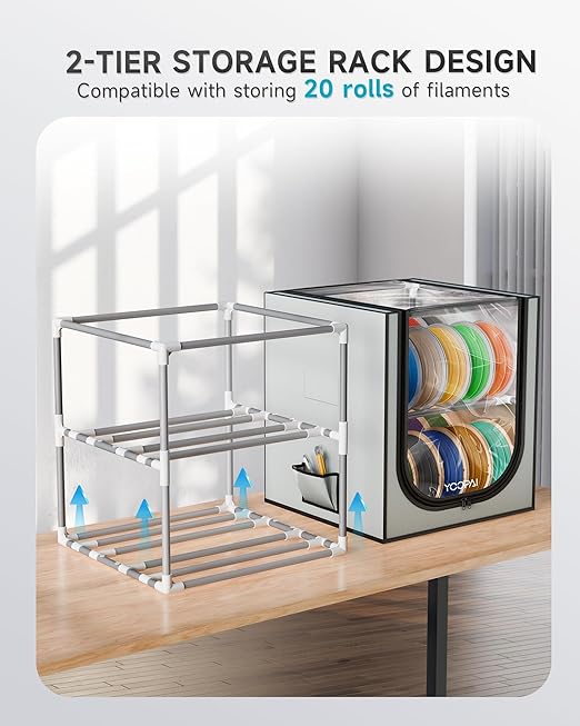 YOOPAI 3D Printer Filament Storage Box with Desiccants - 2 Tiers Metal Filament Storage Rack with Cloth Cover,Holds Up to 24 Rolls of Filaments - 3D Filament Holder for Home, Office Workshop, Studio - Image 7