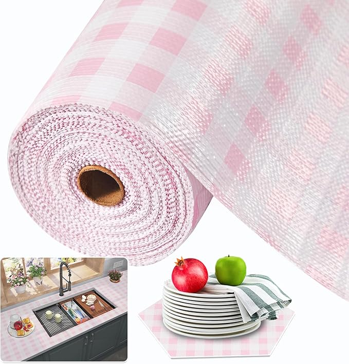 Beautysaid Shelf and Drawer Liner for Kitchen Cabinet, Non Adhesive Non Slip Shelf Paper Waterproof Washable Thickened for Dresser Pantry Shelve Bathroom Protector Liner(Pink Checkered,12 in x 30 FT) by Beautysaid