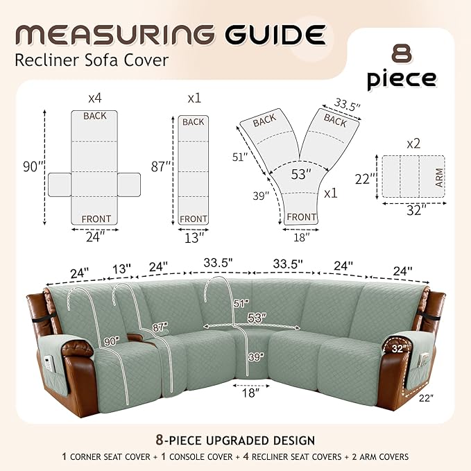 Arfntevss Waterproof Recliner Sectional Couch Covers for Reclining L Shape Sofa Cover Non Slip Washable L Shaped Slipcover Sets for Dog Furniture Protector (5 Seat with 1 Console Cover, Sage Green) - Image 5