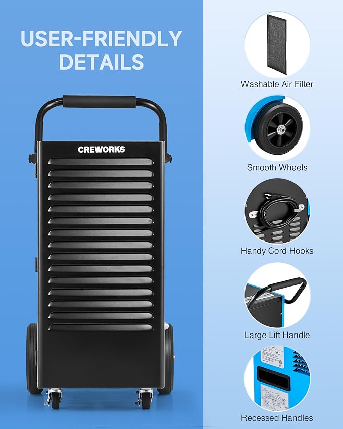 CREWORKS 180 PPD Commercial Dehumidifier, 180 Pint Dehumidifier for Basement w/Built-in Water Pump Wheels Handle, Portable Professional Dehumidification for Warehouse with Auto Defrost Display Panel - Image 7