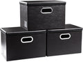 PRANDOM Collapsible Storage Bins with Lids [3-Pack] Leather Fabric Foldable Storage Boxes Organizer Containers Baskets Cube with Cover for Bedroom Closet Office Nursery Black (14.9x10.8x10) by Prandom