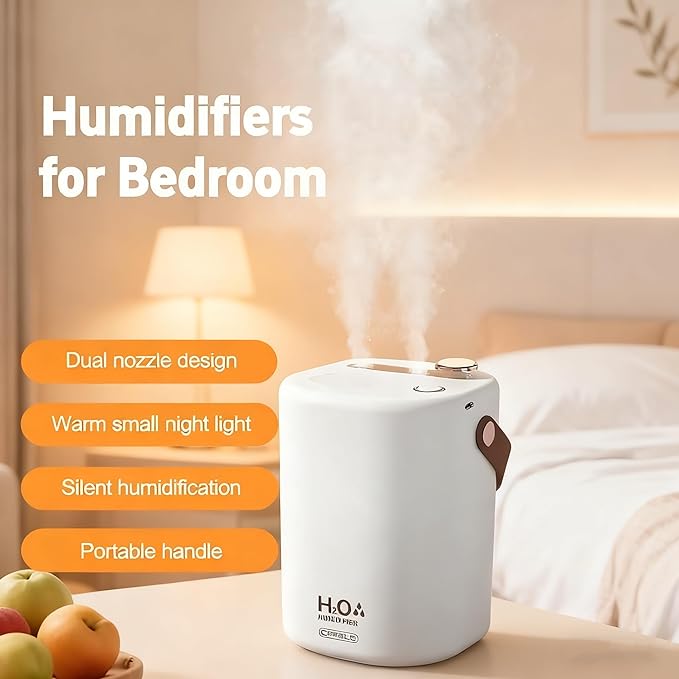 Quiet large capacity humidifier with dual nozzles, features a small night light, suitable for bedrooms and offices, Modern bedroom humidifier (White - Charging Model) - Image 5