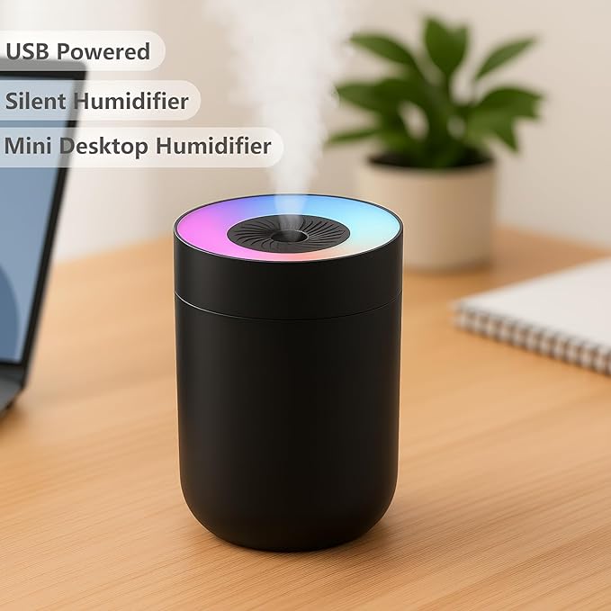 230ML Humidifier for Bedroom, Air Humidifier for Home, Plant Humidifiers Indoor Small with LED Colorful Gradient Light, USB Powered for Desk, Car, Travel, Hotel Room (Black) - Image 2