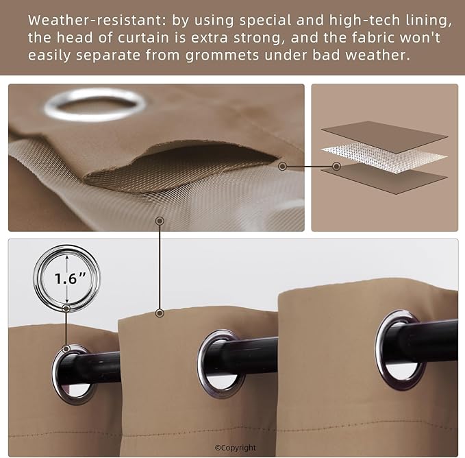 Waterproof Outdoor Curtain W84 x L84 - Grommet Top Sunlight Blocking Window Treatment Drapes Blackout Curtains for Home Bedroom Living Room Outdoor Patio Porch Gazebo (Camel Brown, 2 Panels) - Image 3