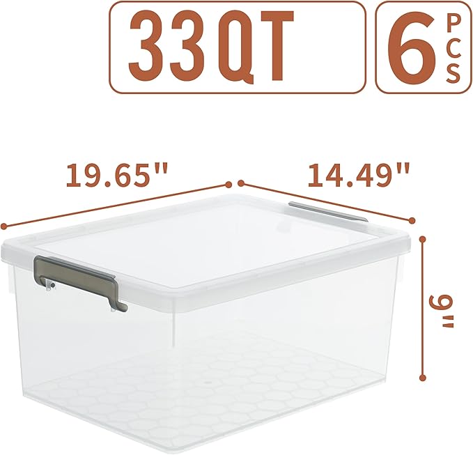 Citylife 33 QT 6 Packs Plastic Storage Bins with Lids and Secure Latching Buckles Clear Stackable Storage Containers for Organizing Durable Storage Box - Image 6