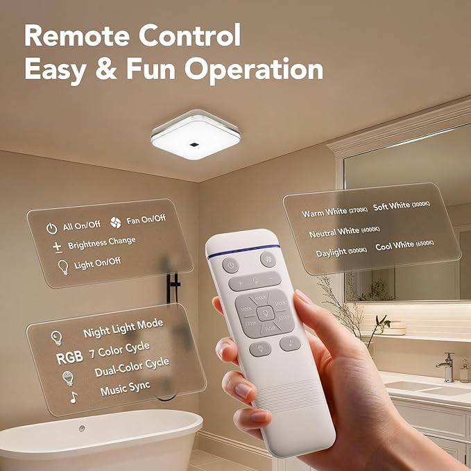 OREiN Matter Smart Bathroom Exhaust Fan with Light, Quiet 110 CFM Ventilation Fan, 1200LM Dimmable LED & Night Light, AI RGB Lighting, 2700K–6500K, No Speaker, Works with Alexa, Google & Apple Home - Image 9