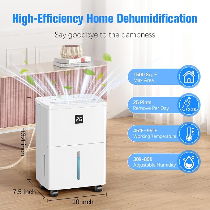 DEVERSE Max 25 Pints Dehumidifier for Home/Bedroom/Basement, 3000 Sq.Ft Coverage, with Drain Hose, Smart Humidity Control & Large Tank - Image 2