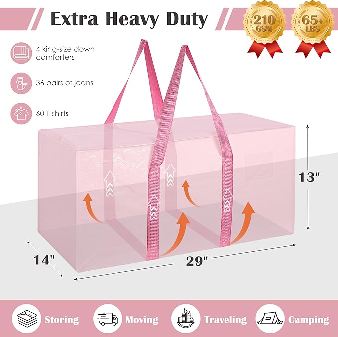 6 Pack Extra Heavy Duty Large Moving Bags with Reinforced Zipper & Wide Handles, Waterproof Storage Bins for Clothes, College Dorm, Travel, and Home Organization, Pink - Image 2
