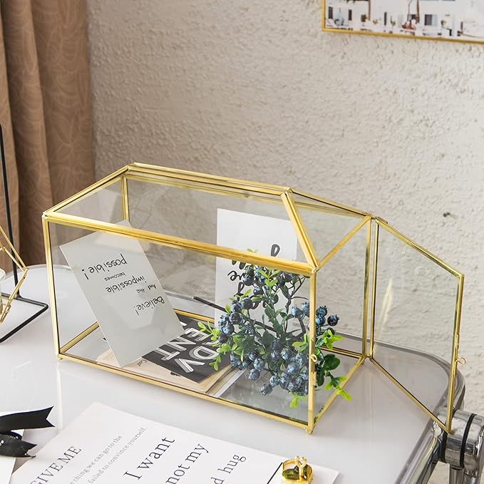 Glass Wedding Card Box with Slot, 12.6 inch Large Clear Card Box Gold Brass Gift Card Storage Box with Lock for Wedding Receptions, Baby Shower, Birthday Party, Bridal Shower - Image 2
