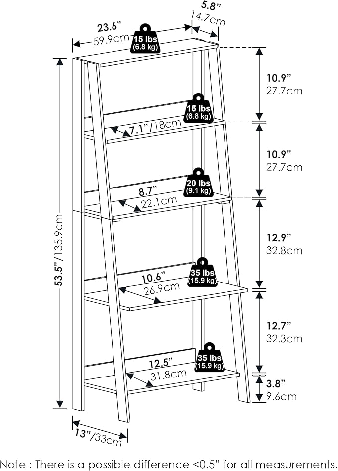 Furinno Ladder Book Shelf, 5-Tier Ladder Shelf, Bookshelf, Display Storage Shelves, 13 x 23.6 x 53.5, for Living Room, Home Office, Plain White - Image 3