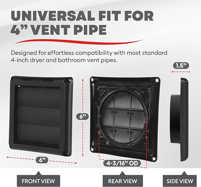 Deflecto Supurr-Vent 4” Outdoor Dryer Vent Cover Black Louvered Wall Hood with Gravity Damper for Backdraft Prevention, Fits Standard 4” Dryer Exhaust Pipe, Weather & UV-Resistant, Durable 6"x6" Face - Image 3