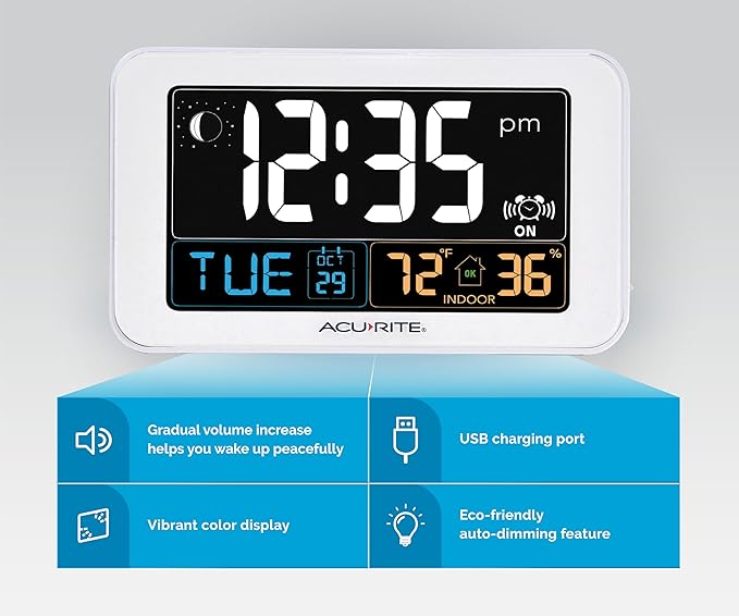 AcuRite Intelli-Time Digital Alarm Clock for Bedroom with USB Charger, Indoor Temperature and Humidity for Heavy Sleepers (13040CA) - Image 3