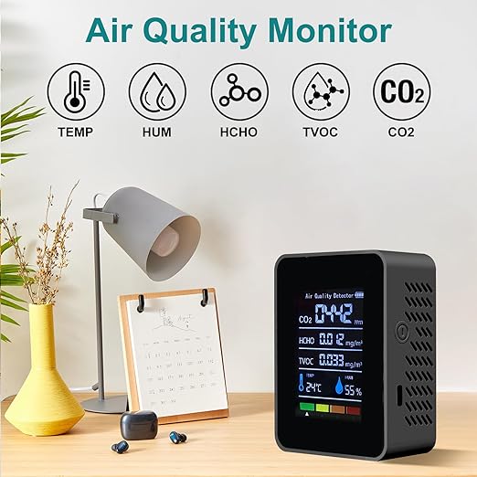 5 in 1 Indoor Air Quality Monitor, Portable Smartair Quality Tester for CO2 | TVOC | HCHO | Temp | Hum, Air Quality Test for Home, Office, School, Hotel, Car (Black) - Image 2