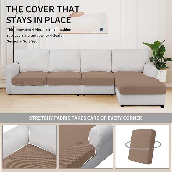 Easy-Going Stretch 4 Pieces Couch Cushion Covers for Sectional Sofa Left/Right L Shape Chaise Lounge Sofa Seat slipcover Anti-Slip Sofa Cover Soft (3 Seater + 1 Chaise, Camel) - Image 5