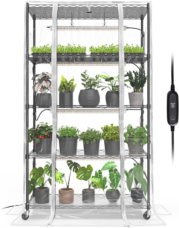 Bstrip Indoor Greenhouse with Grow Light, Mini Green House with 4 Pack 24W Full Spectrum Plant Lights with Timer, Plant Shelf with Tent for Indoor Plant, Seed Starting, Seed Tray, 35.4"x13.8"x59" by Bstrip