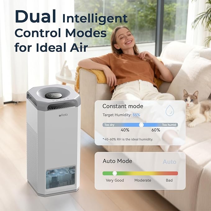 Afloia Humidifier for Bedroom Large Room - Mist Free Evaporative 2 in 1 Humidifier and Air Purifier in One Combo for Home with Top Fill 5L Tank/Humidity&Air Quality Sensor/2-24H Timer - Image 6