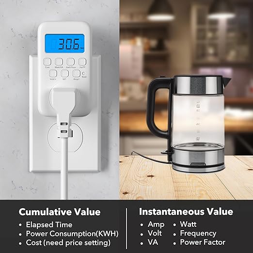 HBN Watt Meter Plug with Backlight, Plug-in Socket Power Meter Electricity Usage Monitor Consumption Home Electrical Energy Monitor, Voltage Amps Wattage Electricity Usage Tester, 9 Display Modes - Image 4