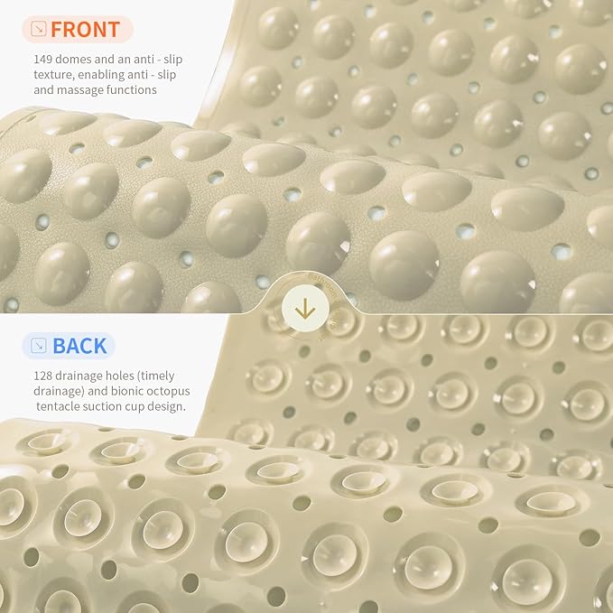 Anti-Slip Bathtub Shower mat, 27.5×14.5（Approximately 70×37cm） inch Soft Oversized Machine Washable Non-Slip Bathtub mat with Drainage Holes, Bathroom Floor Suction Cup.（1-Opaque Khaki） - Image 2