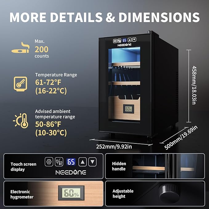 NEEDONE 200 Count Cabinet with Heating and Cooling Electric Quiet Temperature Control System, Thermostatic Cabinet with Spanish Cedar Wood Shelves & Drawer with Hygrometer, Gift for Men… - Image 9