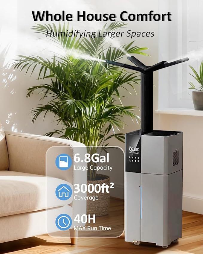 Humidifier Large Room,26L/6.8Gal Whole House Humidifiers for Bedroom Home 3000 sq.ft,1800ml/H,Commercial and Industrial Humidifiers with 360° Nozzle & Extension Tube,Top Fill,Gray - Image 2