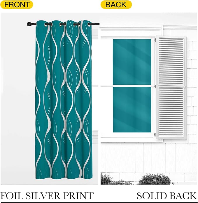 NICETOWN Room Darkening Curtains for Bedroom, Peacock Teal, 2 Panels, 52 x 84 inch, Noise Reducing Thermal Insulated Wave Line Foil Print Design Blackout Curtains for Storage Office Work Area - Image 6