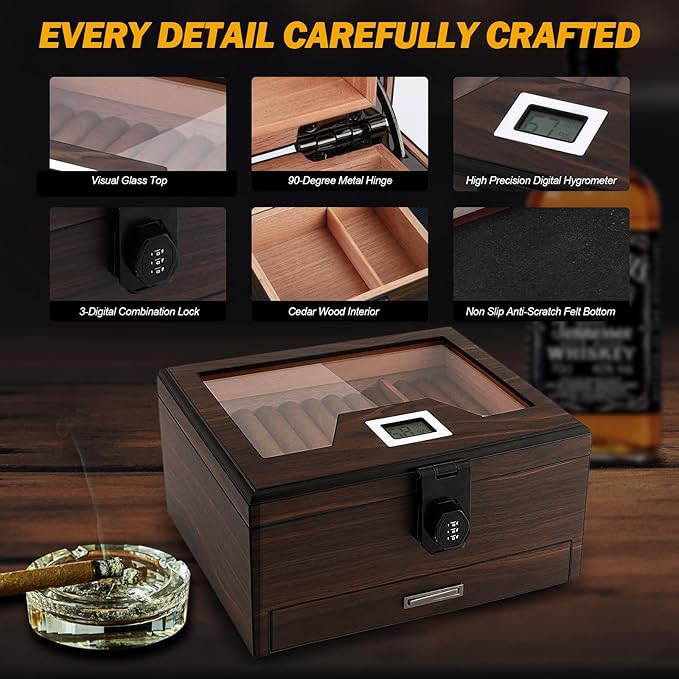 Cigar Humidor and Cigar Lighter Kit, Cedar Wood Cigar Case with Digital Hygrometer and Combo Lock, Multi-Function All-in-1 Butane Lighter and Humidor Box, Cigar Gift for Men, Can Hold 50 Cigars - Image 3