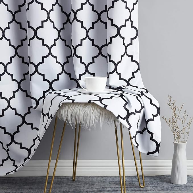 HLC.ME Lattice Pattern White and Black Blackout Curtains 72 Long - Thermal Window Coverings Set, Summer/Winter Heat Blocking Draperies for Bedroom - 2 Panels - 52 W x 72 L - Platinum White & Black - Image 5
