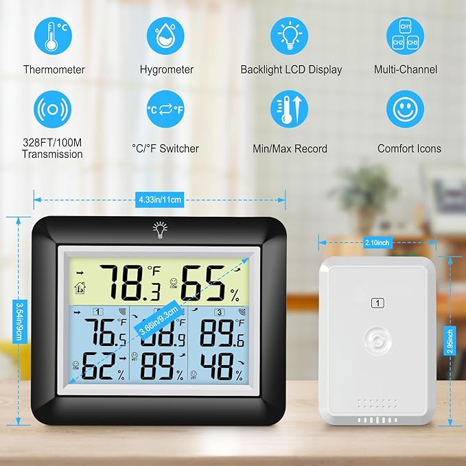 Urageuxy Indoor Outdoor Thermometer Wireless with 3 Sensors, 328ft Range Digital Hygrometer Temperature Humidity Monitor for Home, Greenhouse, Kitchen, Bedroom, Backlight, Black - Image 2