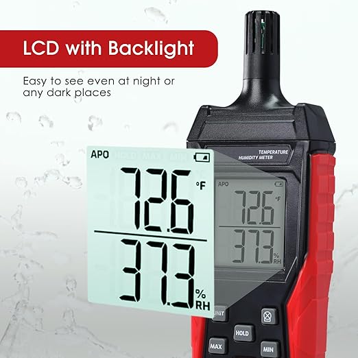 Humidity Temperature Meter, High Precision Digital Psychrometer HVAC with Ambient Temperature Handheld Hygrometer Moisture Meter w/Data Hold, Min/Max, 4 Digits Display Backlit for Outdoor Indoor Use - Image 5