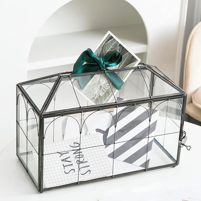 Wedding Card Box with Slot, 12.6'' Large Glass Card Boxes for Reception, Black Geometric Holder, Clear Decorative Storage Box with Lock for Baby Shower, Birthday Party, Christmas, Bridal Shower - Image 3