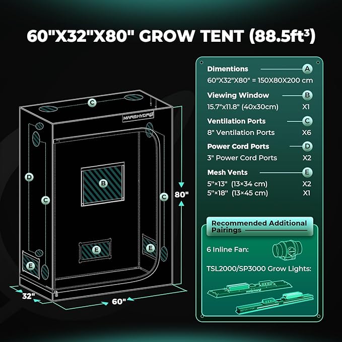 MARS HYDRO 5x2.6 Advanced Grow Tent, 60"x32"x80" High Reflective Mylar 1680D for Hydroponics Indoor Plant Growing, with Observation Window,Floor Tray and Smooth Zipper for TSL2000/SP3000 - Image 9