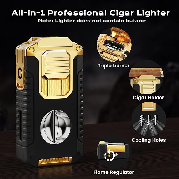 Travel Cigar Humidor Box set with Cigar Ashtray, Cigar Torch Lighter, Built-in V Cutter & Punch & Holder & Draw Enhancer Tool, Humidifier & Hygrometer, Portable Travel Cigar Case, Cigar Gifts for Men - Image 4