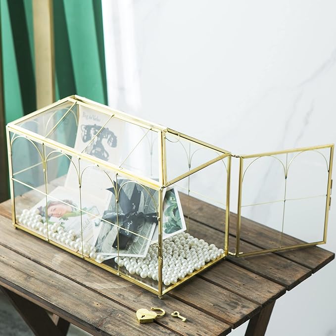 Glass Wedding Card Box with Slot, 12.6 inch Large Clear Card Box Gold Brass Gift Card Storage Box with Lock for Wedding Receptions, Baby Shower, Birthday Party, Bridal Shower - Image 4