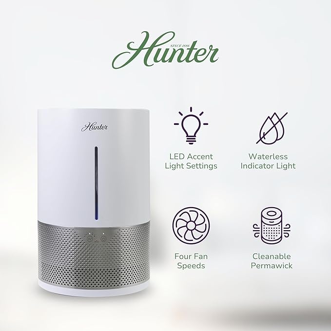 HHE150 Hunter Aspire 4.8L Evaporative Humidifier with PermaWick Filter (4.8L) - Remove Contaminants & White Dust for Clean Mist & Air – Medium Humidifier for Home, Bedroom, or Dorm - White - Image 3