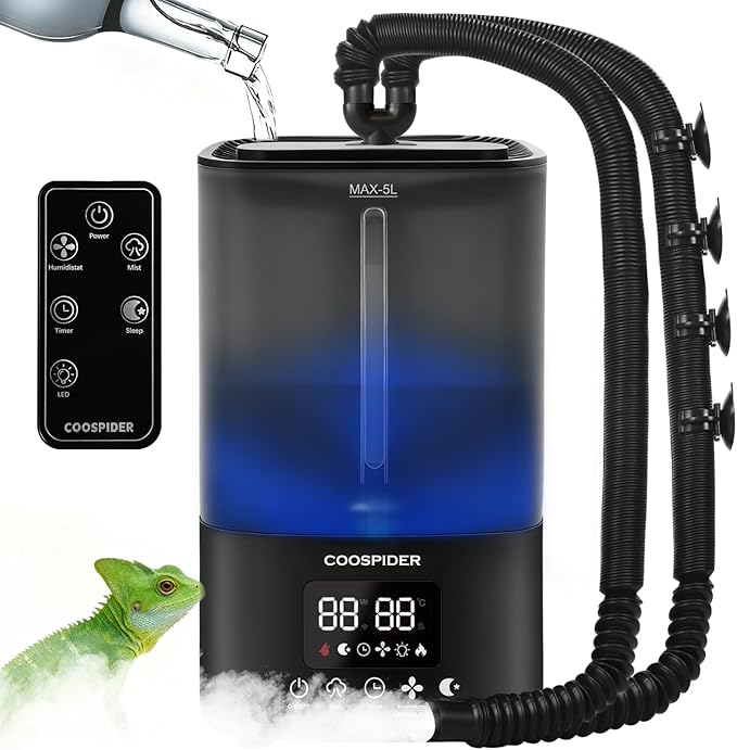 Coospider Reptile Fogger Terrariums Humidifier, Top Fill Cool Mist, Automatic Reptile Mister with Dual Hose, Timer, Humidity Control for Reptile Mister for Amphibians Herps Vivarium (5L/1.32GAL) by Coospider